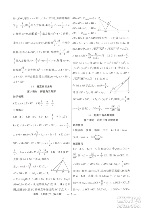 新疆青少年出版社2022原创新课堂九年级数学下册北师大版深圳专版参考答案