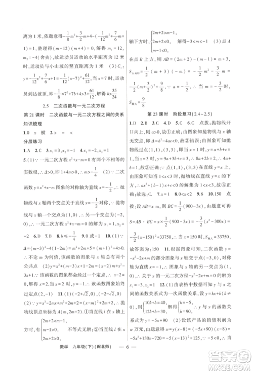 新疆青少年出版社2022原创新课堂九年级数学下册北师大版深圳专版参考答案