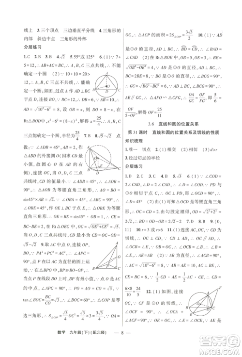 新疆青少年出版社2022原创新课堂九年级数学下册北师大版深圳专版参考答案