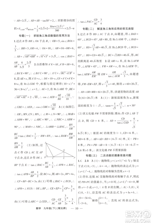 新疆青少年出版社2022原创新课堂九年级数学下册北师大版深圳专版参考答案