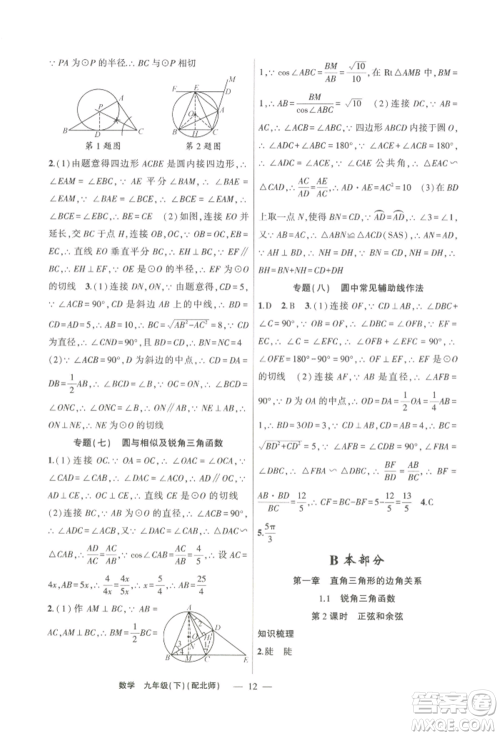 新疆青少年出版社2022原创新课堂九年级数学下册北师大版深圳专版参考答案