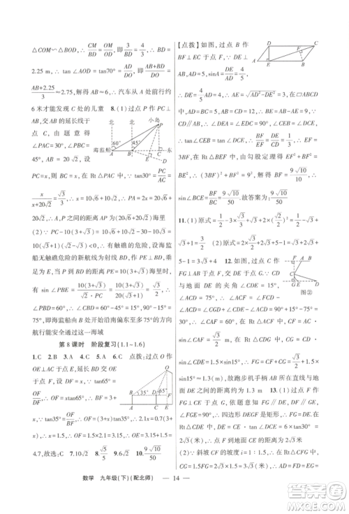 新疆青少年出版社2022原创新课堂九年级数学下册北师大版深圳专版参考答案