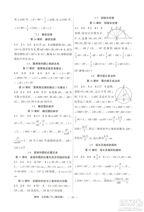 新疆青少年出版社2022原创新课堂九年级数学下册北师大版深圳专版参考答案