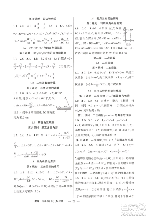 新疆青少年出版社2022原创新课堂九年级数学下册北师大版深圳专版参考答案