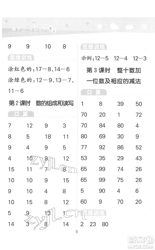 地质出版社2022小学口算大通关一年级数学下册SJ苏教版答案