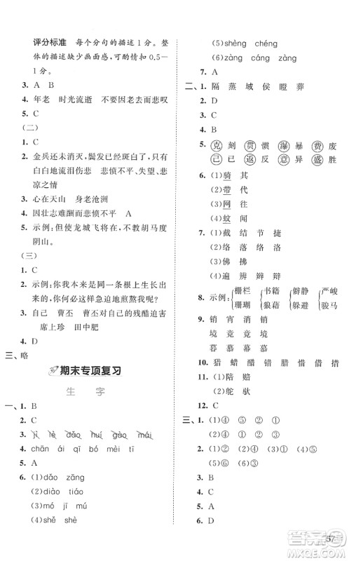 西安出版社2022春季53全优卷六年级语文下册RJ人教版答案