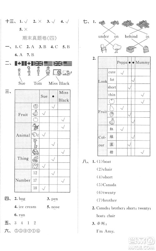 西安出版社2022春季53全优卷三年级英语下册RP人教PEP版答案