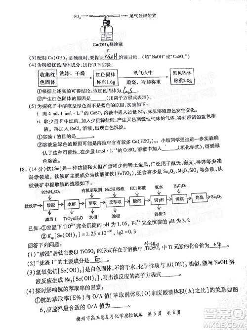 2022年2月梅州市高三总复习质检化学试题及答案