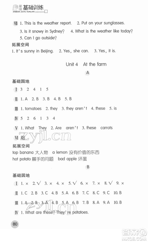 安徽少年儿童出版社2022新编基础训练四年级英语下册人教版答案 安徽少年儿童出版社2022新编基础训练四年级英语下册人教版答案