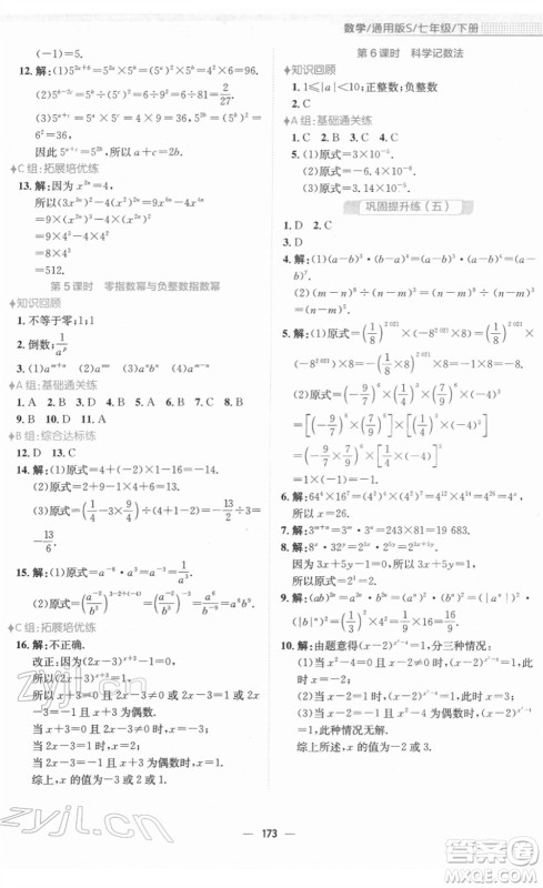 安徽教育出版社2022新编基础训练七年级数学下册通用版S答案