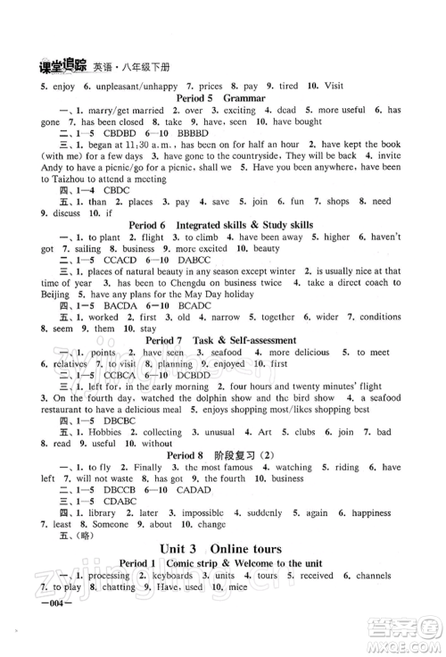 江苏凤凰美术出版社2022课堂追踪八年级英语下册译林版参考答案 江苏凤凰美术出版社2022课堂追踪八年级英语下册译林版参考答案