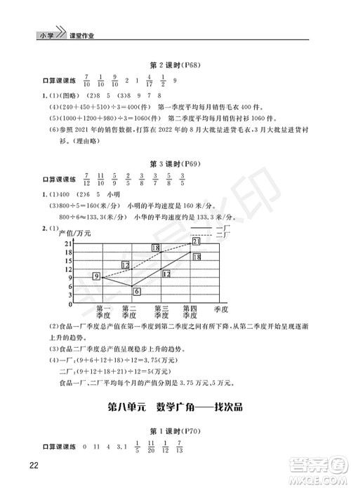 武汉出版社2022智慧学习天天向上课堂作业五年级数学下册人教版答案