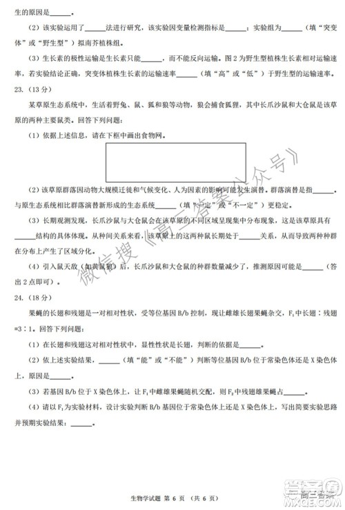 2022届华大新高考联盟高三下学期开学考试收心卷生物学试题及答案 2022届华大新高考联盟高三下学期开学考试收心卷生物学试题及答案