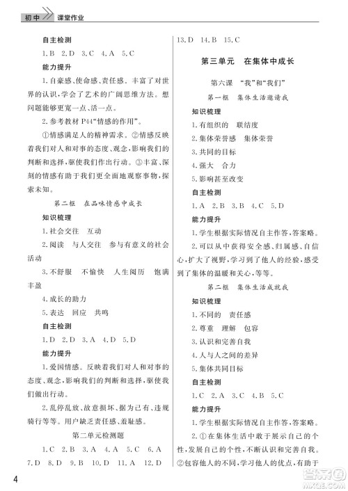 武汉出版社2022智慧学习天天向上课堂作业七年级道德与法治下册人教版答案