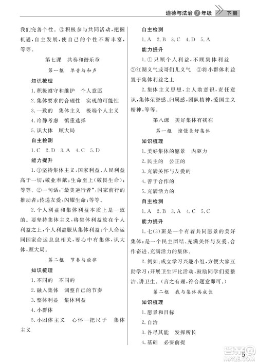 武汉出版社2022智慧学习天天向上课堂作业七年级道德与法治下册人教版答案