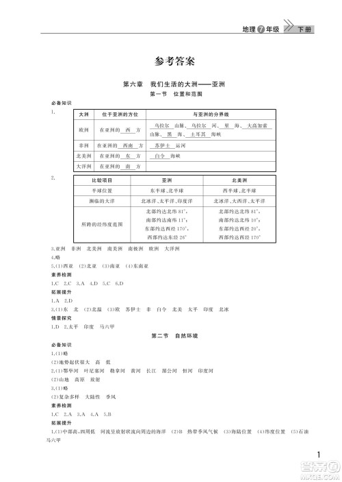 武汉出版社2022智慧学习天天向上课堂作业七年级地理下册人教版答案