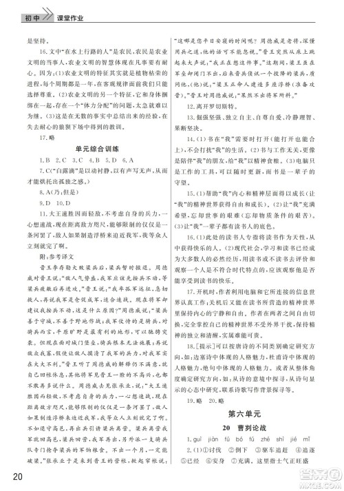 武汉出版社2022智慧学习天天向上课堂作业九年级语文下册人教版答案