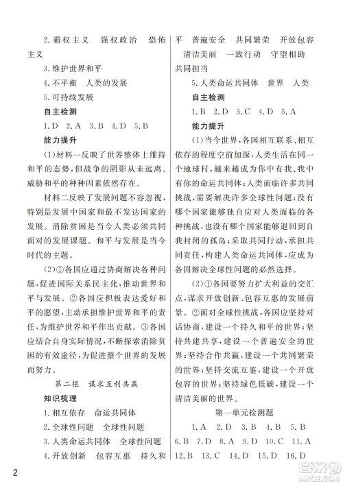 武汉出版社2022智慧学习天天向上课堂作业九年级道德与法治下册人教版答案