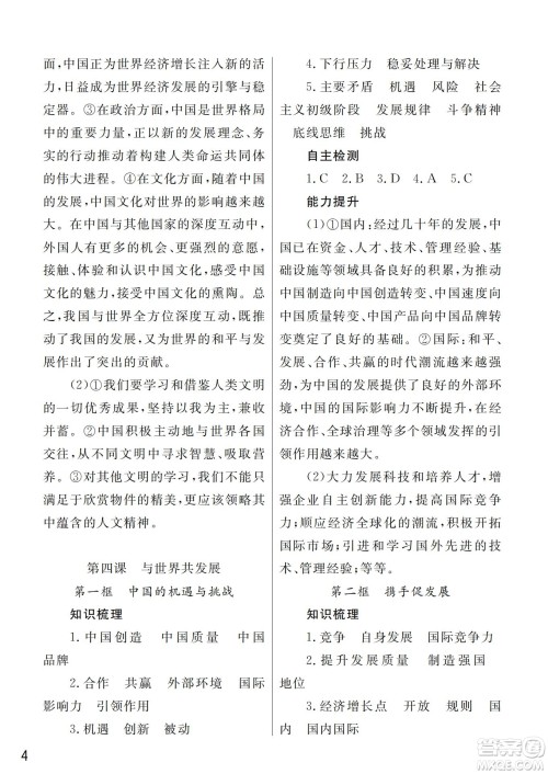 武汉出版社2022智慧学习天天向上课堂作业九年级道德与法治下册人教版答案