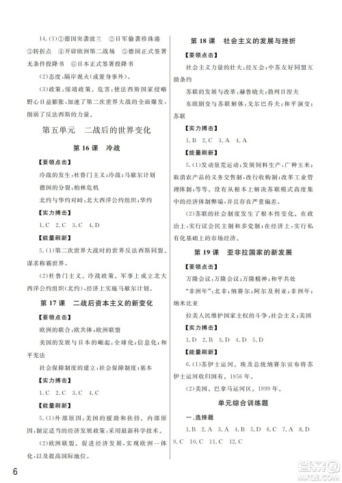 武汉出版社2022智慧学习天天向上课堂作业九年级历史下册人教版答案
