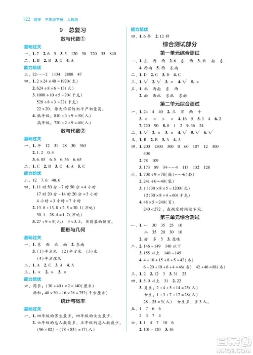 湖南教育出版社2022学法大视野三年级数学下册人教版答案