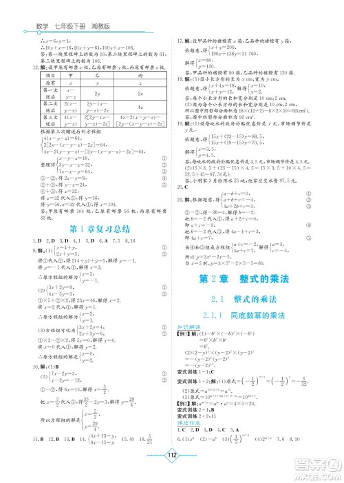 湖南教育出版社2022学法大视野七年级数学下册湘教版答案