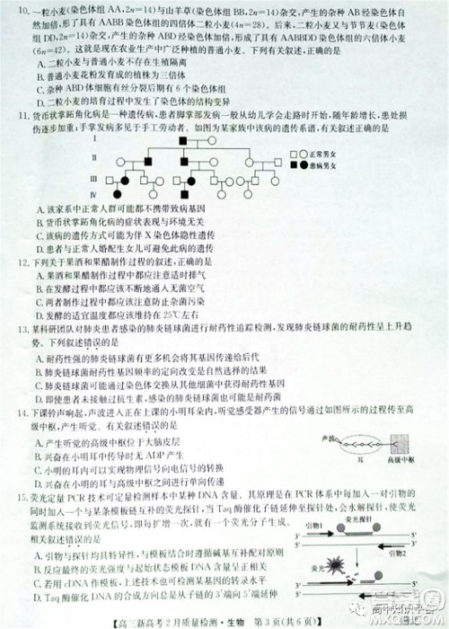 2022年湖北省新高考联考协作体高三新高考2月质量检测生物试题及答案 2022年湖北省新高考联考协作体高三新高考2月质量检测生物试题及答案