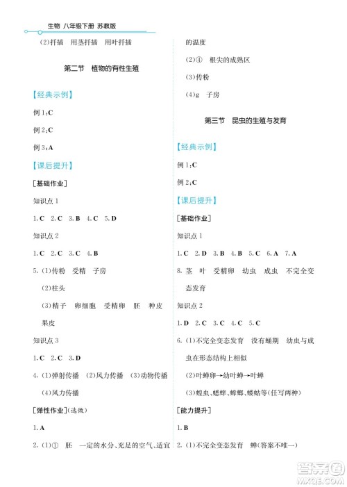 湖南教育出版社2022学法大视野八年级生物下册苏教版答案