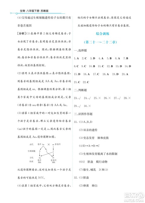 湖南教育出版社2022学法大视野八年级生物下册苏教版答案