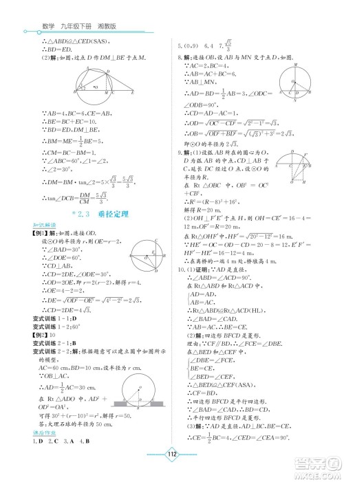 湖南教育出版社2022学法大视野九年级数学下册湘教版答案