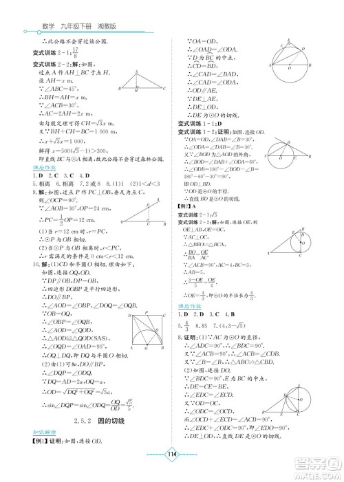 湖南教育出版社2022学法大视野九年级数学下册湘教版答案