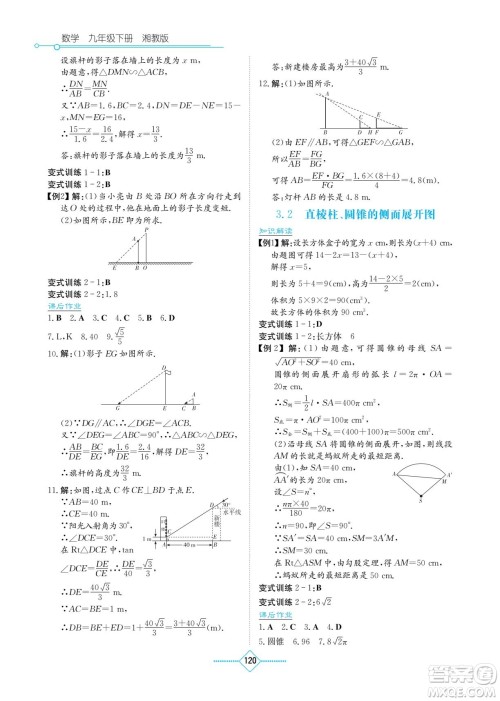 湖南教育出版社2022学法大视野九年级数学下册湘教版答案