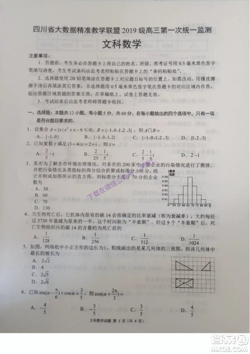 四川省大数据精准教学联盟2019级高三第一次统一监测文科数学试题及答案