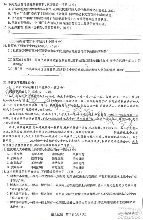 天一大联考2021-2022学年高中毕业班阶段性测试四语文试题及答案