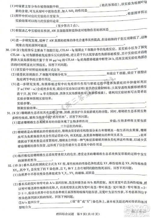 天一大联考2021-2022学年高中毕业班阶段性测试四理科综合试题及答案