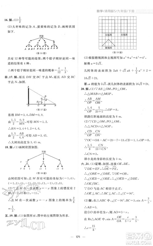 安徽教育出版社2022新编基础训练九年级数学下册通用版S答案