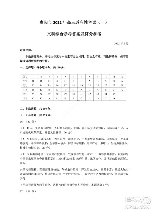 贵阳铜仁六盘水市2022年高三适应性考试一文科综合试题及答案 贵阳铜仁六盘水市2022年高三适应性考试一文科综合试题及答案