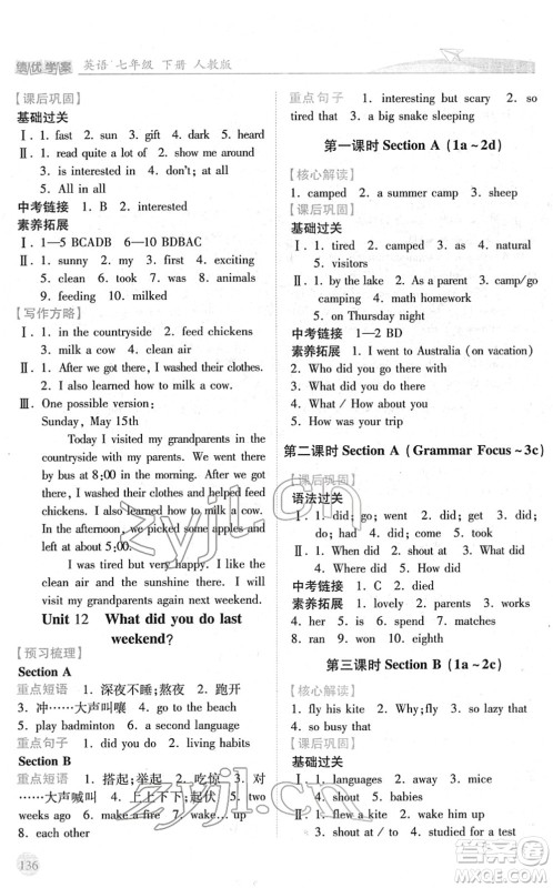 人民教育出版社2022绩优学案七年级英语下册人教版答案 人民教育出版社2022绩优学案七年级英语下册人教版答案