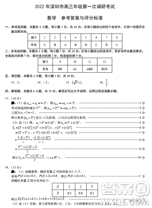2022年深圳市高三年级第一次调研考试数学试题及答案 2022年深圳市高三年级第一次调研考试数学试题及答案