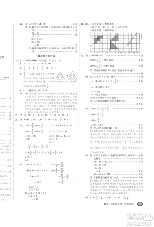 天津人民出版社2022全品小复习六年级数学下册苏教版江苏专版参考答案 天津人民出版社2022全品小复习六年级数学下册苏教版江苏专版参考答案