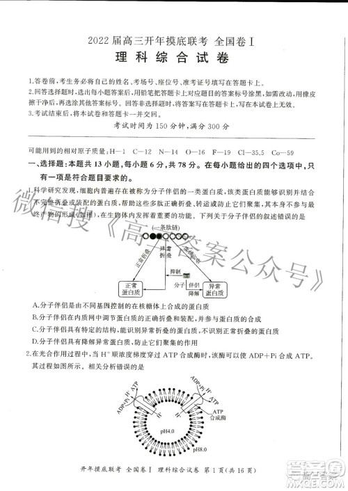 百师联盟2022届高三开年摸底联考全国卷1理科综合试题及答案