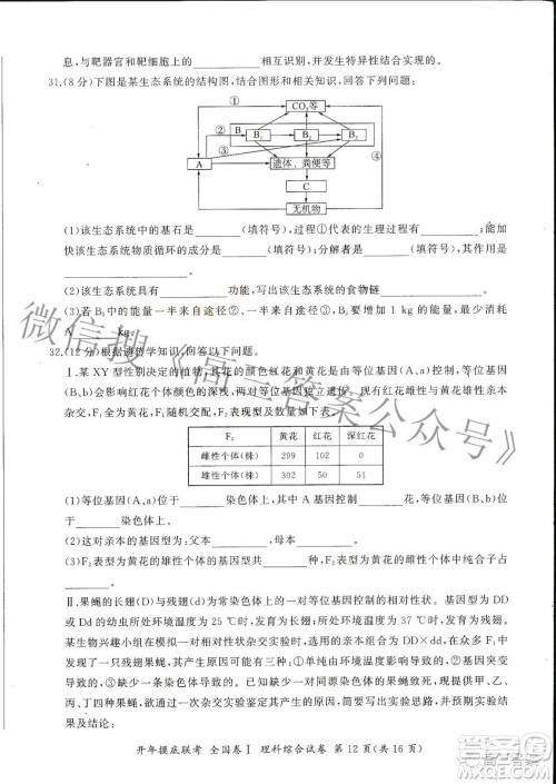 百师联盟2022届高三开年摸底联考全国卷1理科综合试题及答案