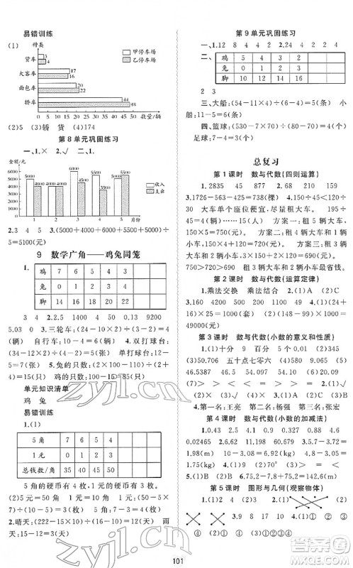 广西教育出版社2022新课程学习与测评同步学习四年级数学下册人教版答案 广西教育出版社2022新课程学习与测评同步学习四年级数学下册人教版答案