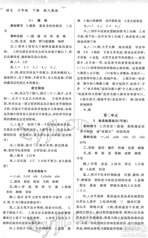 广西教育出版社2022新课程学习与测评同步学习六年级语文下册人教版答案