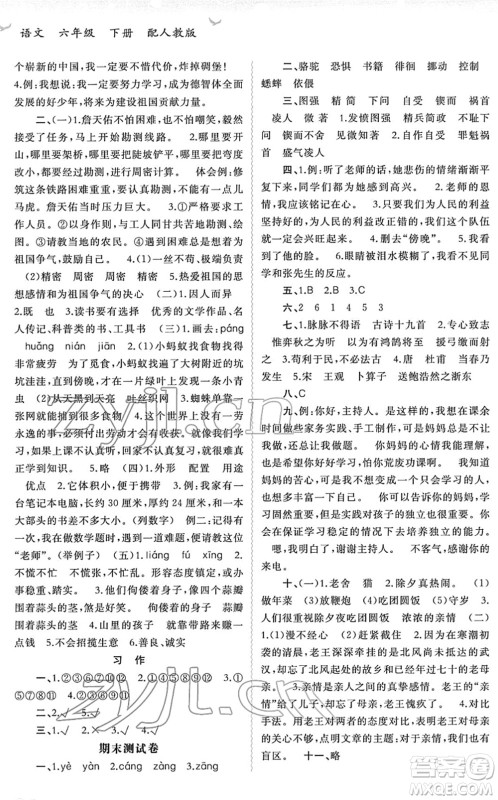 广西教育出版社2022新课程学习与测评同步学习六年级语文下册人教版答案