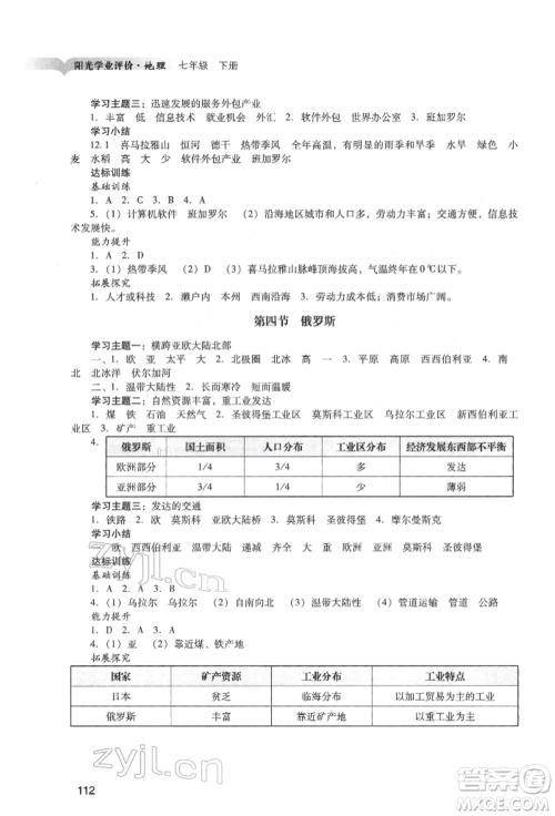 广州出版社2022阳光学业评价七年级地理下册人教版参考答案