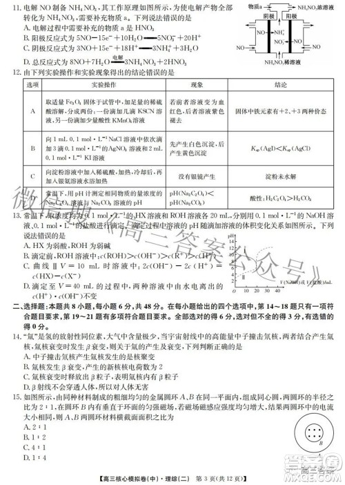 九师联盟2021-2022学年高三核心模拟卷中理科综合二试题及答案