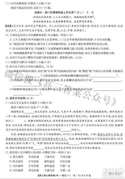 九师联盟2021-2022学年高三核心模拟卷中语文一试题及答案