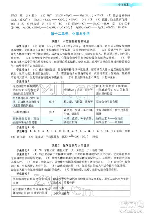 广州出版社2022阳光学业评价九年级化学下册人教版参考答案