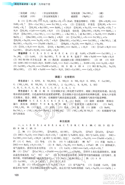 广州出版社2022阳光学业评价九年级化学下册人教版参考答案